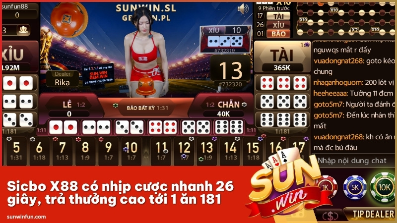 Sicbo X88 có nhịp cược nhanh 26 giây, trả thưởng cao tới 1 ăn 181