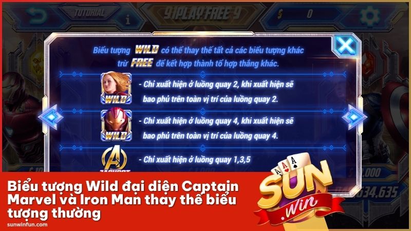 Biểu tượng Wild đại diện Captain Marvel và Iron Man thay thế biểu tượng thường để tạo tổ hợp thắng lớn.